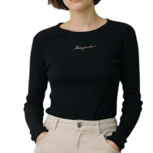 Victoria’s Secret PINK Waffle Knit Top Black Gold Logo Cozy Long Sleeve M